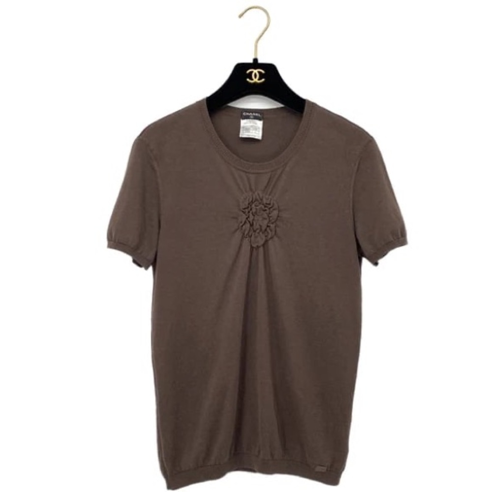 Authentic CHANEL camellia brown cotton short sleeve top